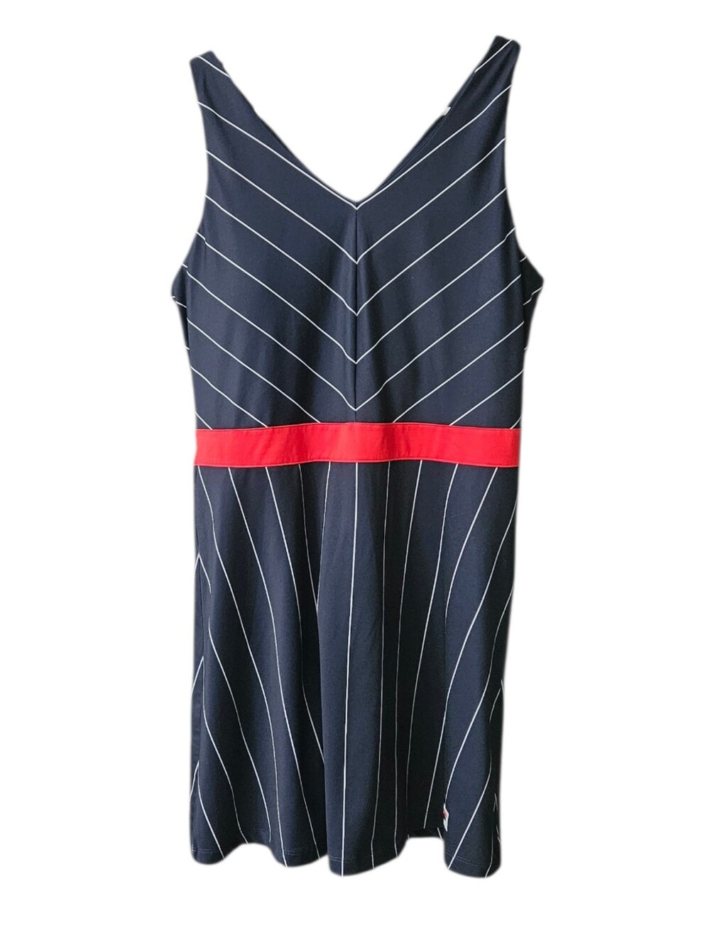 Navy Pinstripe Dress with Red Waistband